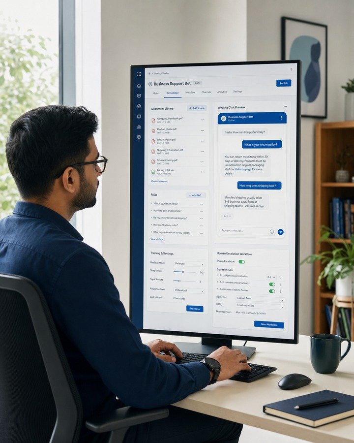 AI chatbot training dashboard showing company documents and FAQs being added as a knowledge base