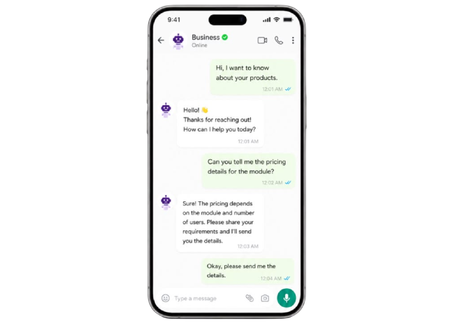 WhatsApp chat showing an AI chatbot answering an order status question for an Indian business