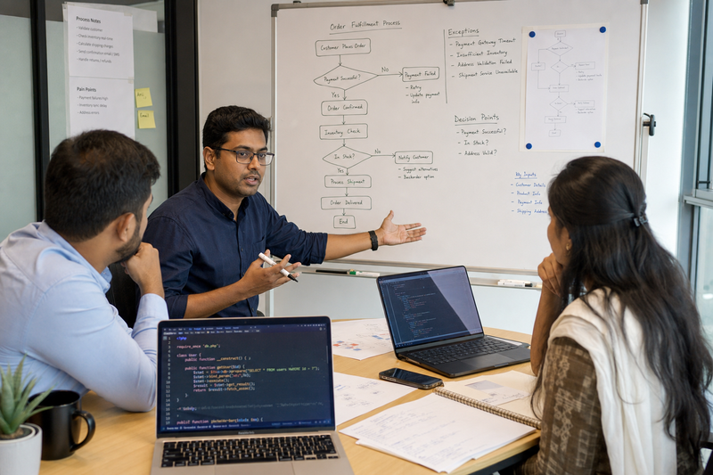 Seven Web Tech developer mapping a client's exact business process before building a custom AI agent