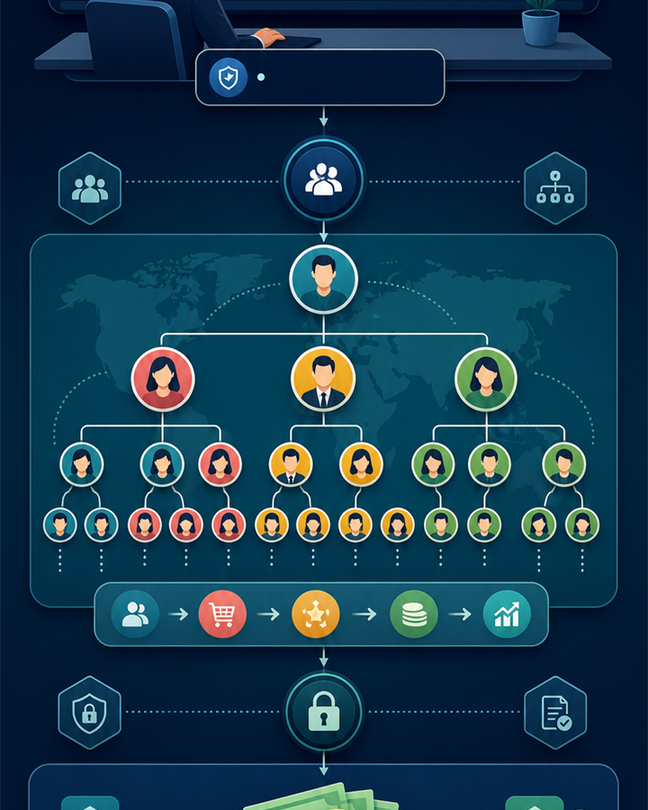 MLM software ecosystem with genealogy network and secure payouts