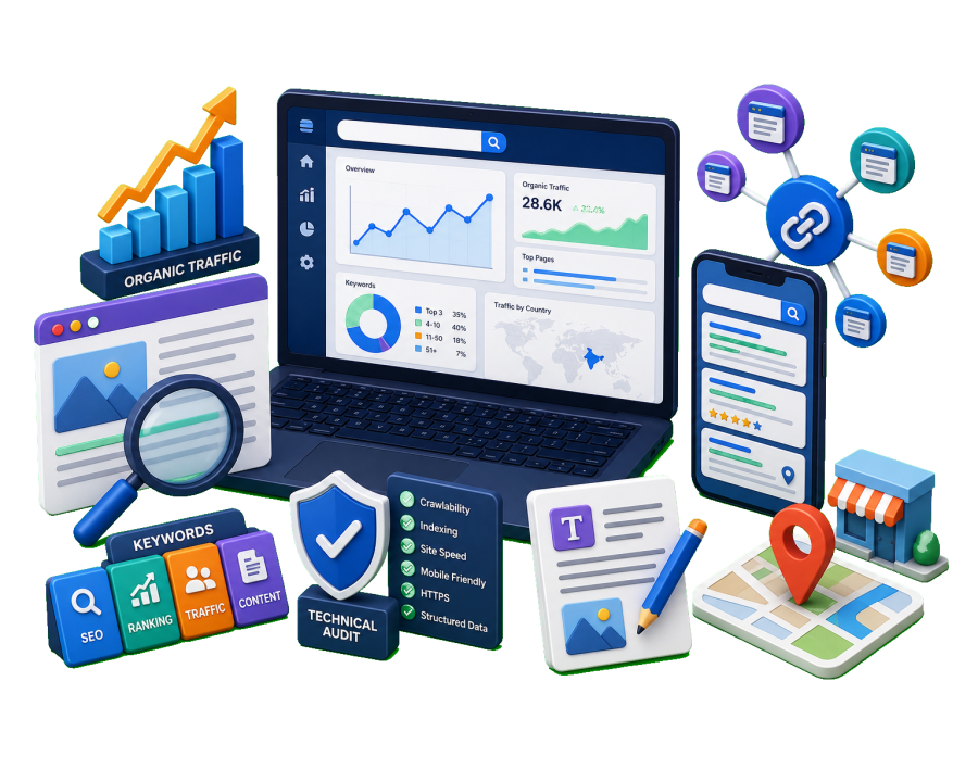 SEO ranking dashboard showing keyword positions and organic traffic growth